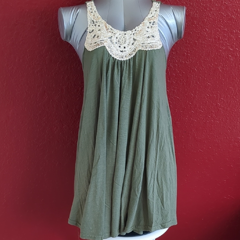 Poof Couture Green Crocket Lace Collar Tank Top Flowy - Pleated Women Size S